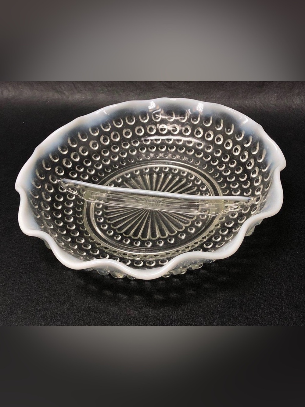 Vtng Anchor Hocking Moonstone Hobnail Opalescent Divided Dish 7 3/4" Scalloped